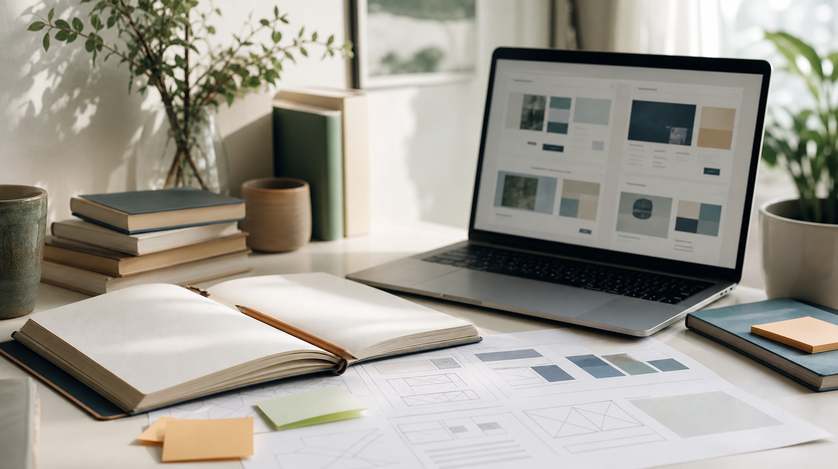 Desk with notebooks, books, and website layout research materials