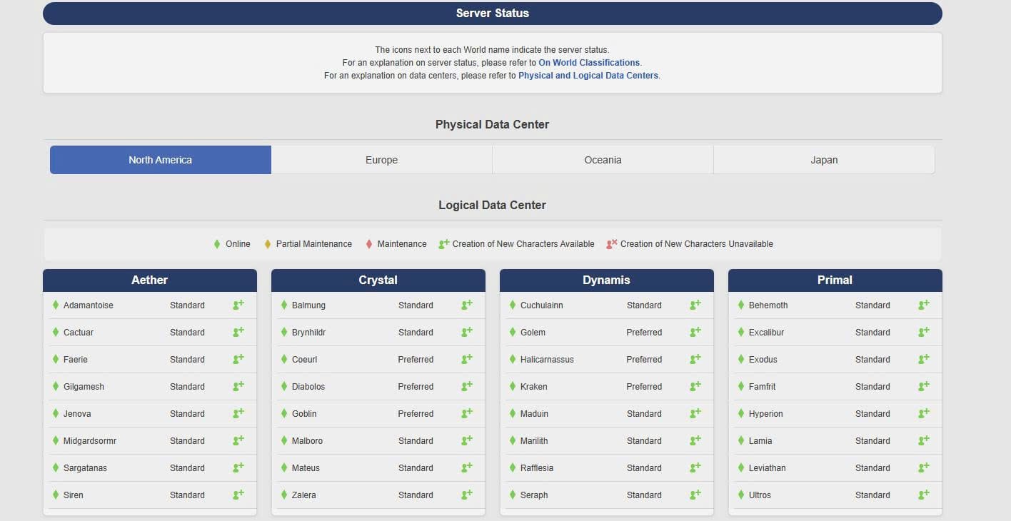 Final Fantasy XIV server status page showing regional data centers and world classifications