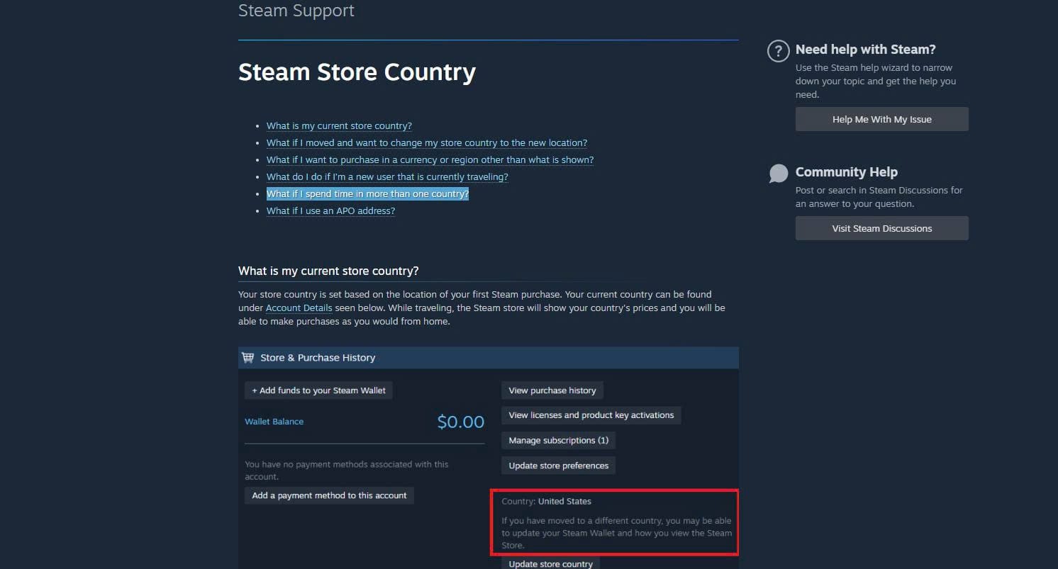 Steam Store Country policy requiring the store region and payment method to match the user’s country of residence