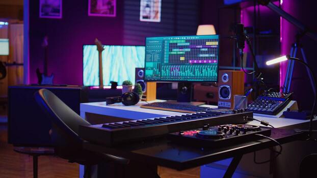 Modern music recording studio equipped with a mixing console and software for audio remastering and production.