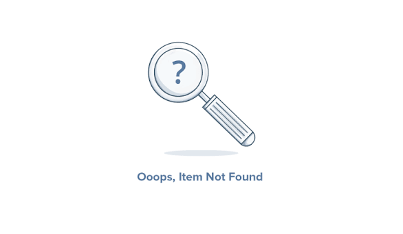"Item Not Found" error graphic featuring a magnifying glass with a question mark, representing an unindexed or deleted content page.