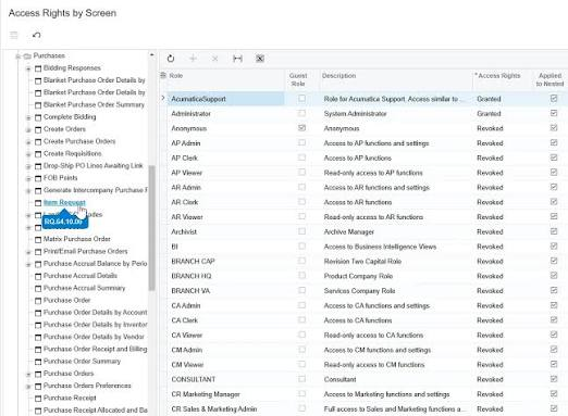 Screenshot of the Access Rights by Screen interface in Acumatica ERP showing user roles, access permissions, and a list of purchase features.