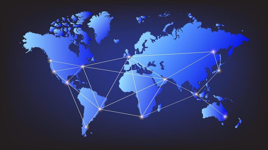 Global network infrastructure map illustrating data transmission lines between different international regions.