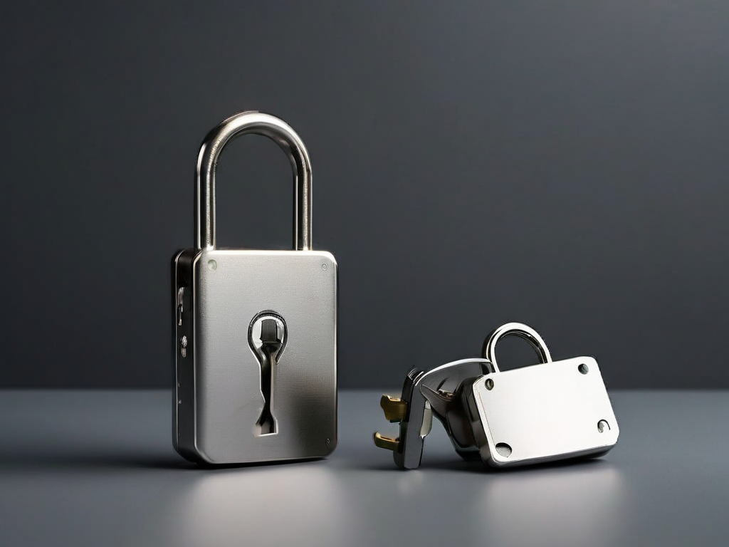 Small metal lock, closed key case, and blank security card on matte gray surface, soft side light, clean shadows.
